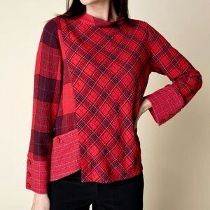 Habitat Asymmetrical Plaid Tunic Top Women’s Size M Gauzy Button Cuffs Artsy